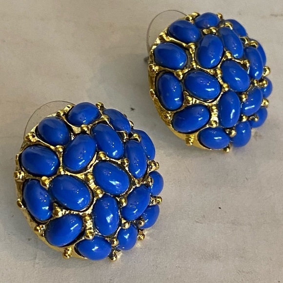 Vintage KJL by KENNETH Jay Lane Dome Cabochon Stud Earrings Navy Blue Pierce - Picture 6 of 12